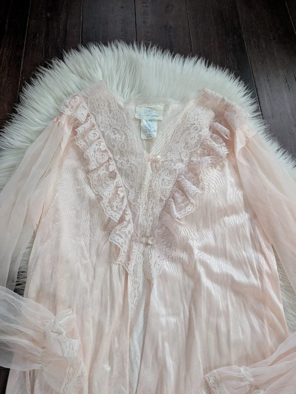 Vintage 1970s Undercover Wear Sheer Lace Teddy Robe Set M Medium Pale Pink - Picture 5 of 10